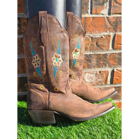 JR Dillon Brown Turquoise Embroidered Cowboy Boots Women's Size 7.5 - Picture 3 of 7